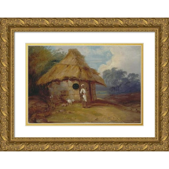 George Chinnery 18x14 Gold Ornate Wood Frame and Double Matted Museum Art Print Titled - View in Southern India, with a Warrior Outside His Hut (ca. 1815)