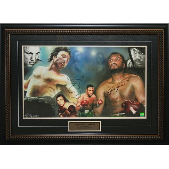 George Chuvalo and Joe Frazier Dual Signed Collage LE 200 Authentic Hand-Signed Autograph Finished Size 24.5x33.5 Inches Black Frame by Frameworth Sports Marketing Premium Sports Memorabilia