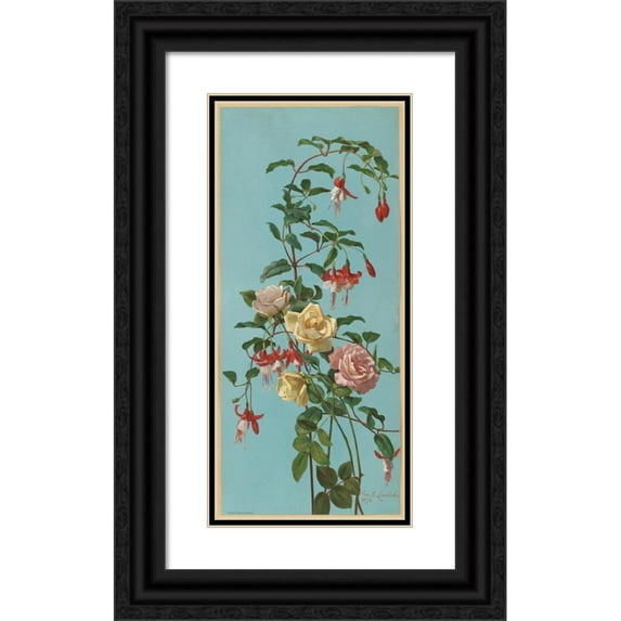 George Cochran Lambdin 13x24 Black Ornate Framed Double Matted Museum Art Print Titled: Roses and Fuchsia (1878)