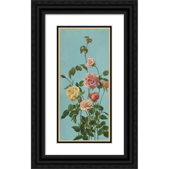 George Cochran Lambdin 8x14 Black Ornate Wood Framed Double Matted Museum Art Print Titled: Tea Rose and Blush Roses (1877)