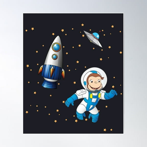 George The Curious Monkey Astronaut Cartoon In Space Scene For Childrens Room Poster Wall Art, Modern Wall Decor For Living Room Bedroom, 8x12 UNFRAMED