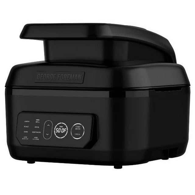 George Foreman Electric 7‑Serving Indoor Grill & Air Fryer, 6‑Qt 7‑in‑1 Multi‑Function Cooker with 360° Rapid Heating and Dual‑Heat Technology, Black
