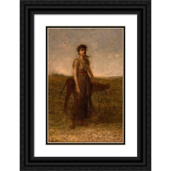 George Fuller 13x18 Black Ornate Wood Framed Double Matted Museum Art Print Titled - Girl and Calf (Led Through Meadows)