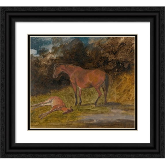 George Garrard 14x12 Black Ornate Wood Framed Double Matted Museum Art Print Titled: A Mare and Foal, Prince of Wales's Stud Aston Clinton