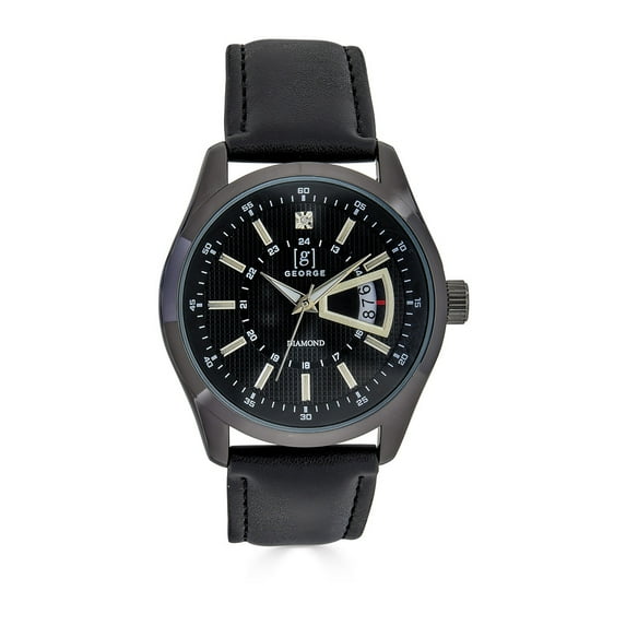 George Gunmetal 40mm Genuine Diamond Dial Black Strap Watch
