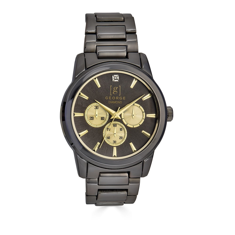 George Men's Gunmetal 40mm Genuine Diamond Dial Black Strap