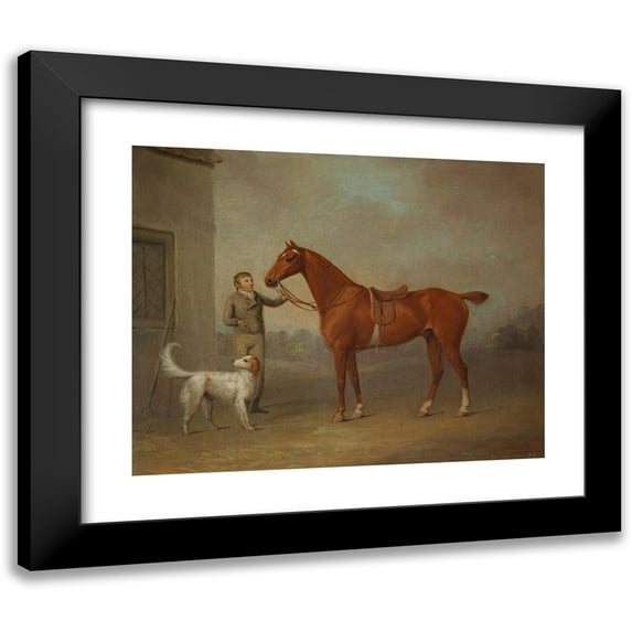 George Haigh 14x12 Black Modern Framed Museum Art Print Titled - Mr. Yarburgh's Chestnut Hunter Robin Hood Held by a Groom with a Dog in a Landscap (1798)
