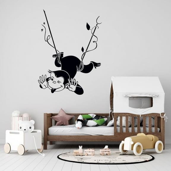 George Hanging On A Tree Vine Wall Decal - 20" x 24" Kids Bedroom Nursery Curious George Cartoon Vinyl Decoration Sticker | Removable Home Ape Monkey Art Decor Design - Black