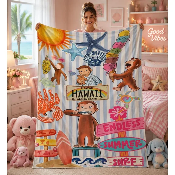 George Hawaii Aloha Tropical Monkey Collage Flannel Throw Blanket - Beach Surf Seashell Starfish Vacation Print, Ultra-Soft Lightweight All-Season Fleece, Bedroom Sofa Decor