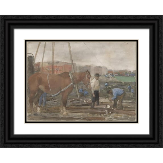 George Hendrik Breitner 14x11 Black Ornate Wood Framed Double Matted Museum Art Print Titled: Oud-West Building Site in Amsterdam (1900)