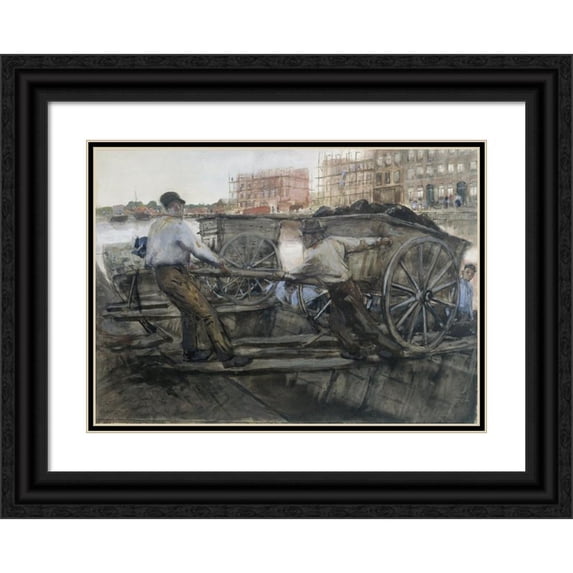 George Hendrik Breitner 18x14 Black Ornate Wood Framed Double Matted Museum Art Print Titled - Laborers Pulling a Havily Laden Cart on Jacob Van Lennepkade, Amsterdam, (1900)