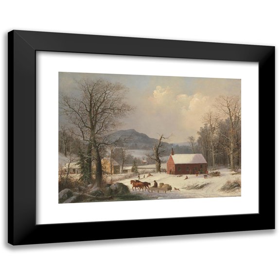 George Henry Durrie 24x18 Black Modern Framed Museum Art Print Titled - Red School House (Country Scene) (1858)