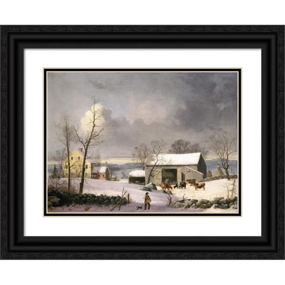 George Henry Durrie 24x19 Black Ornate Framed Double Matted Museum Art Print Titled: Winter in the Country (C. 1858)