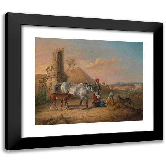 George Henry Laporte 14x12 Black Modern Framed Museum Art Print Titled - Grey Arabian Mare and Foal, with a Family