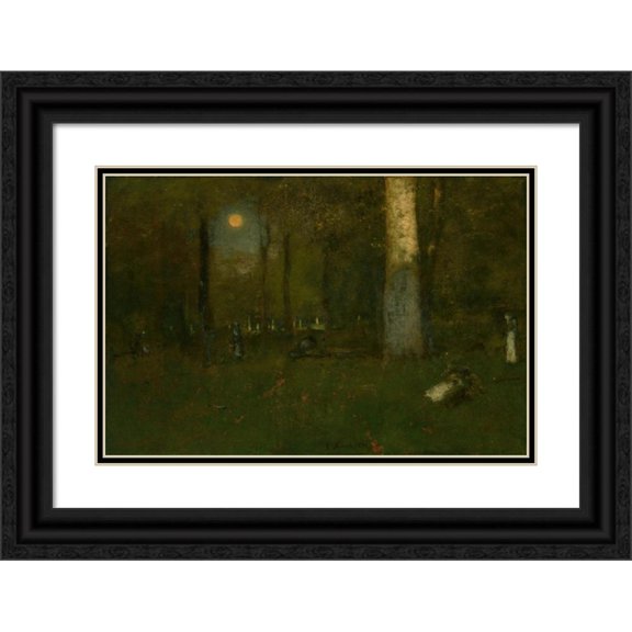 George Inness 24x17 Black Ornate Framed Double Matted Museum Art Print Titled: Picnic in the Woods, Montclair, New Jersey (1894)