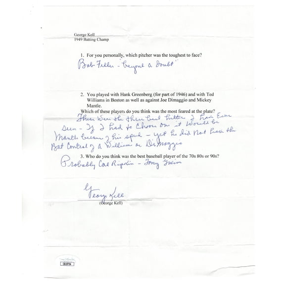 George Kell Signed Autographed Questionnaire Tigers HOFer 2007 JSA CB19754