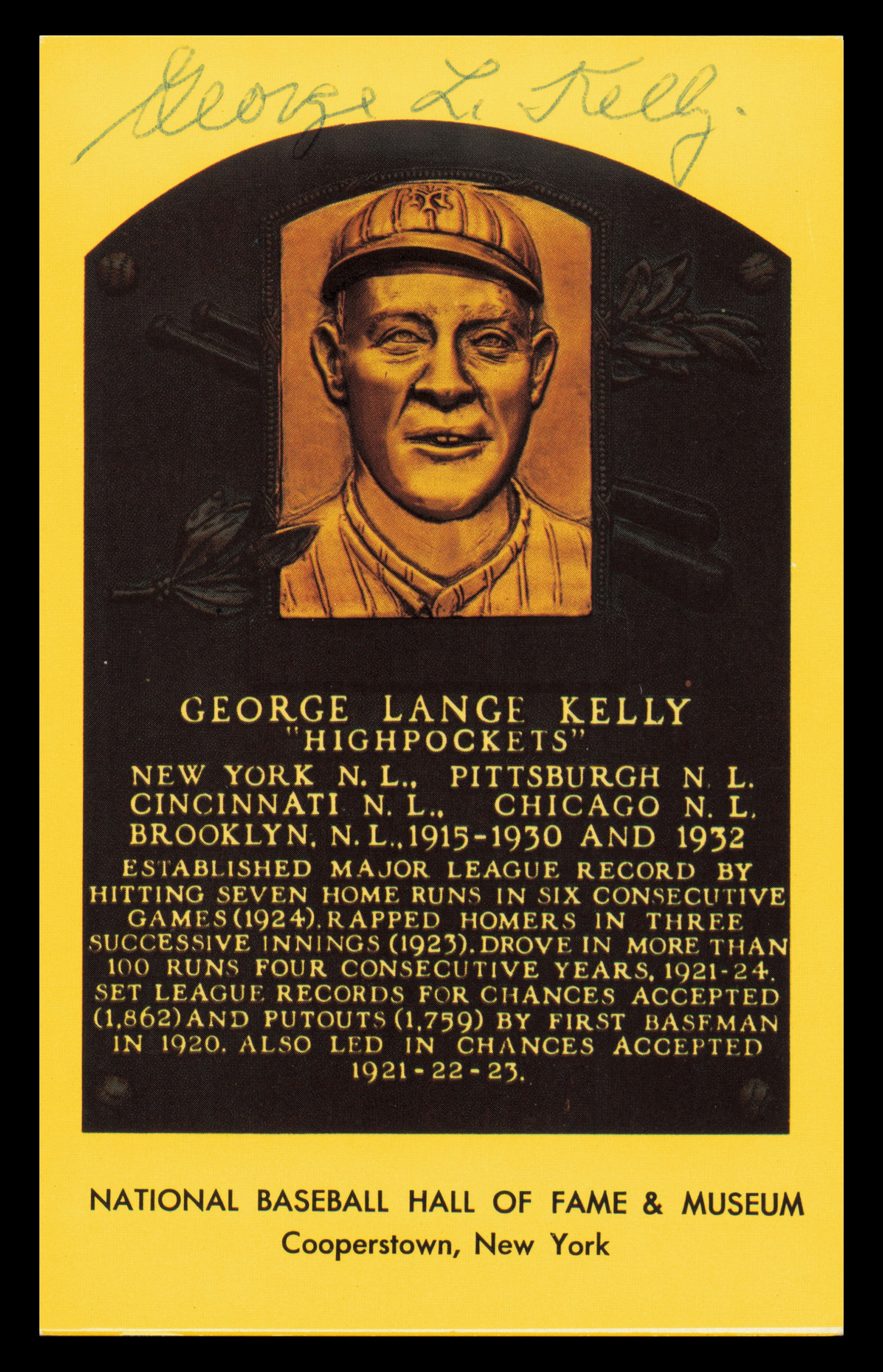 George Kelly Autographed Hall of Fame HOF Plaque Postcard New York ...