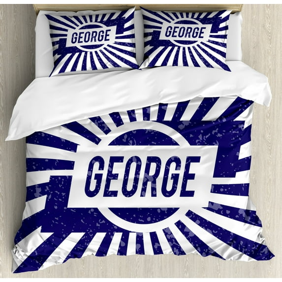 George King Size Duvet Cover Set, Widespread Old English Given Name on Radial Backdrop with Abraded Look, Decorative 3 Piece Bedding Set with 2 Pillow Shams, Navy Blue and White, by Ambesonne