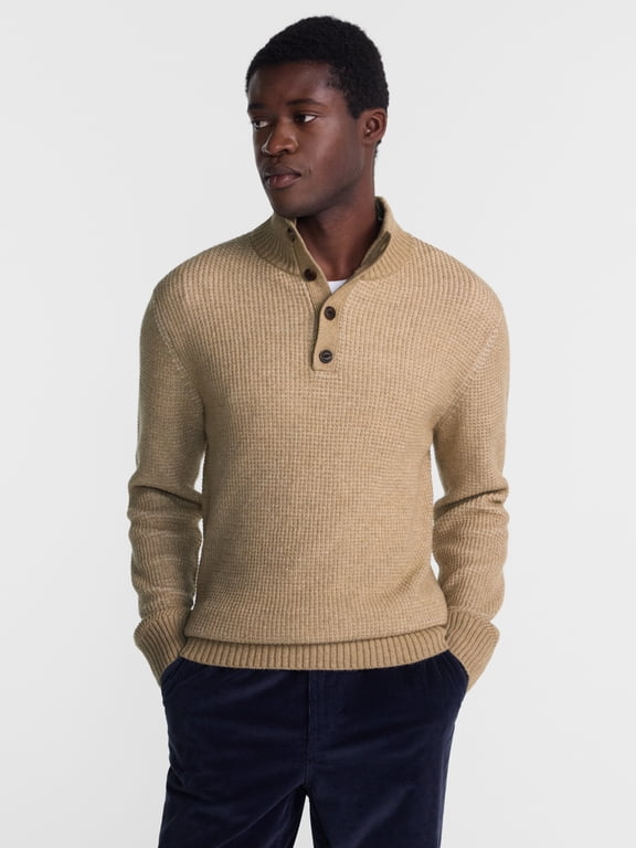 Men's and Men's Big & Tall Waffle Button Up Mock Neck Sweater, Midweight, Sizes XS-5XT