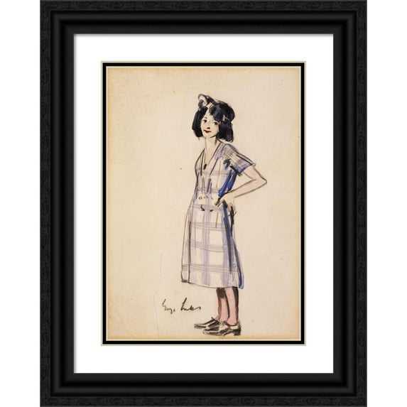 George Luks 14x18 Black Ornate Wood Framed Double Matted Museum Art Print Titled - Girl in Checkered Dress (circa 1920-1924)