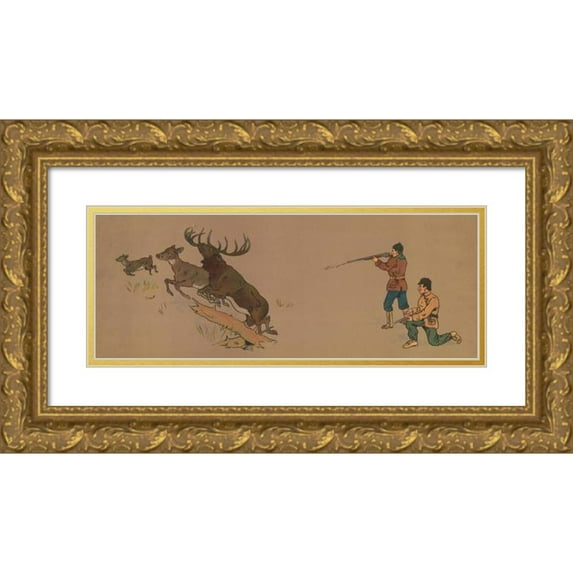 George Markendorff 24x12 Gold Ornate Framed and Double Matted Museum Art Print Titled - Deer Hunt (1900)