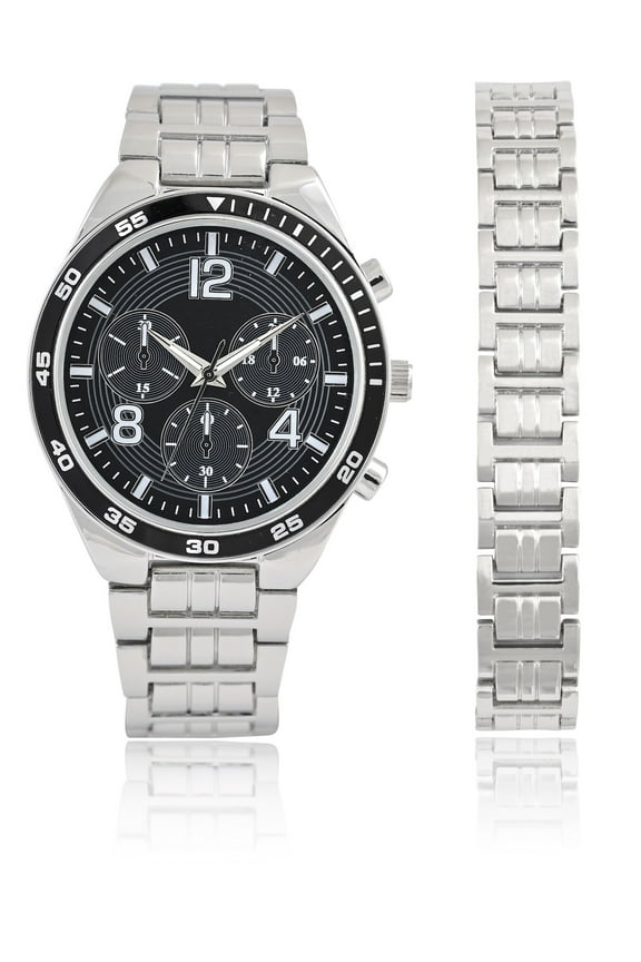 Men's 2 Piece Silver Metal Watch and Bracelt Set with Black Faux Chronogrph Dial and Matching Bracelet. 44MM