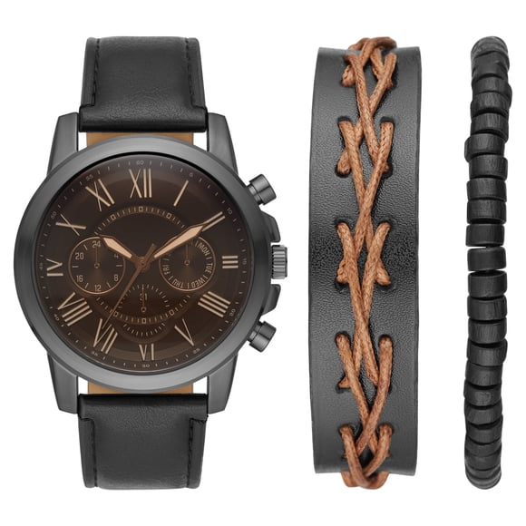 Men's 3 Piece Watch Set: Gunmetal Case and Dial, Black Band and 2 Bracelet Accessories (FMDXGE029)