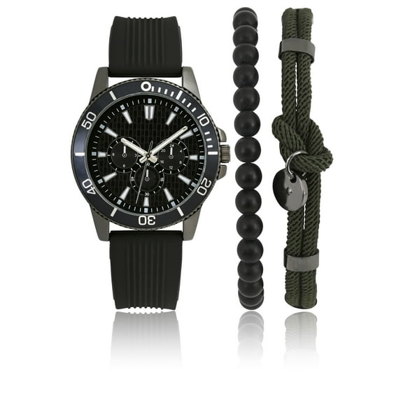 George Men's 3 Piece Watch and Bracelet Set with Black Rubber Strap, Faux Black Chronograph Dial & Matching Stretchy Beaded and Chord Bracelets. 46MM