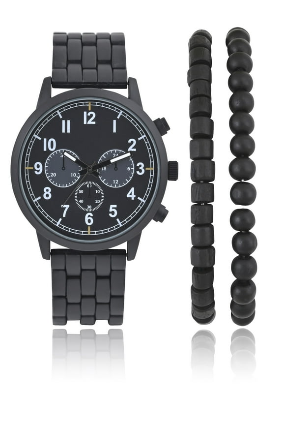 Men's 3 Piece Watch and Bracelet Set with Matte Black Case, 3 Faux Sub Dials, Black Bracelet and Matching Accessory Bracelets. 45MM