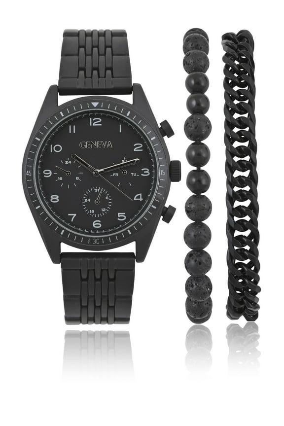 Men's 3 Piece Watch and Bracelet Set with Matte Black Case, Faux Chronograp Dial, Black Matte Bracelet and Matching Accessory Bracelets. 45MM