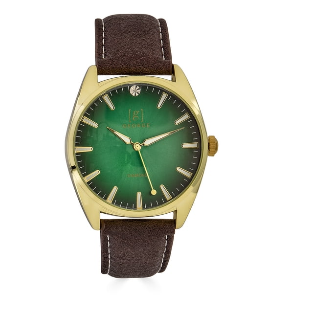 George Band Watch George Men's 40mm Gold Tone Ombre Green Dial Genuine Diamond Brown ...