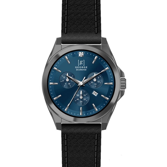 George Men's 41mm Gunmetal Tone Blue Dial Genuine Diamond Black Strap Watch