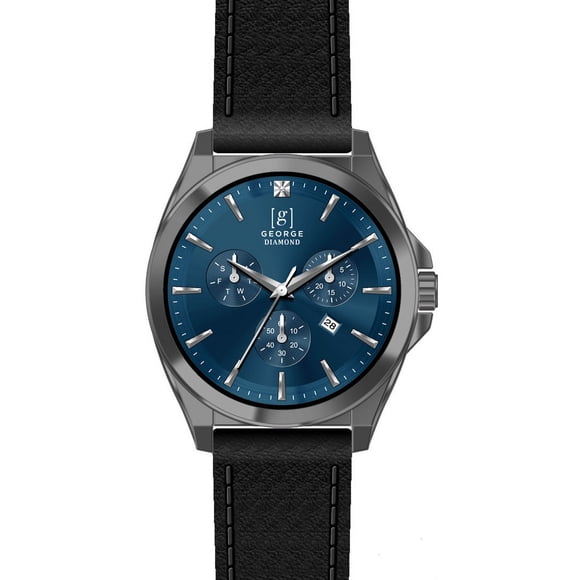 Men's 41mm Gunmetal Tone Blue Dial Genuine Diamond Black Strap Watch