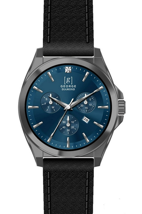 Men's 41mm Gunmetal Tone Blue Dial Genuine Diamond Black Strap Watch