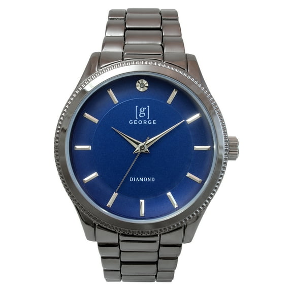 George Men's 41mm Gunmetal Tone Blue Dial Genuine Diamond Bracelet Watch