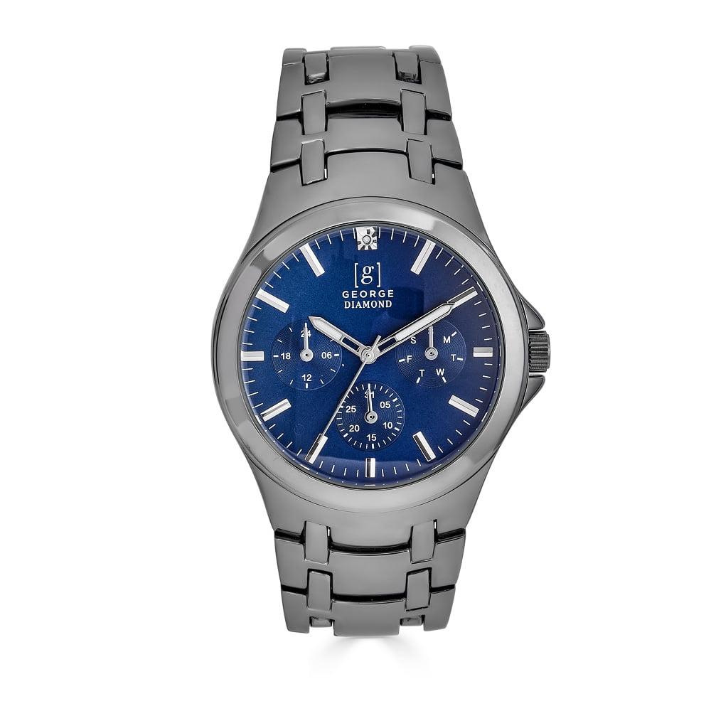 George Men s 41mm Gunmetal Tone Blue Dial Genuine Diamond Bracelet Watch Walmart
