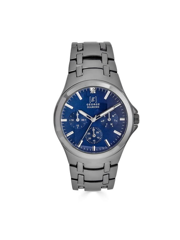 Men's 41mm Gunmetal Tone Blue Dial Genuine Diamond Bracelet Watch