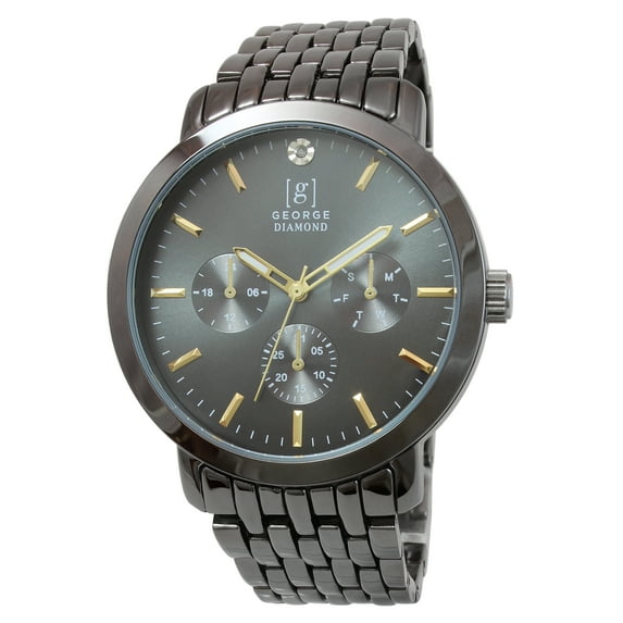 George Men's 41mm Gunmetal Tone Blue Dial Genuine Diamond Bracelet Watch