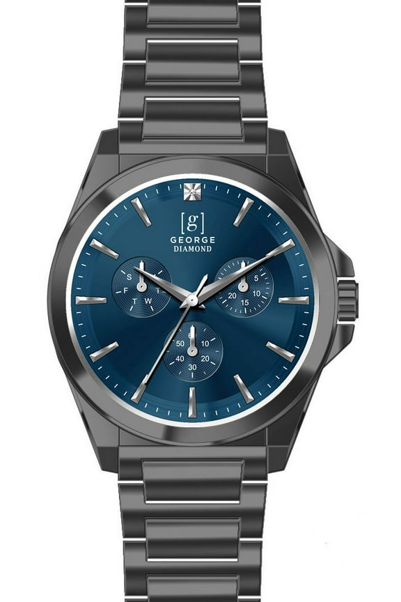 Men's 41mm Gunmetal Tone Blue Dial Genuine Diamond Bracelet Watch