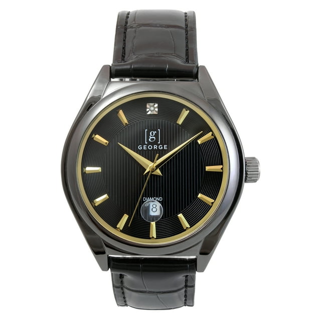 George Men's 41mm Gunmetal Tone Gold Accent Genuine Diamond Dial Black Strap Watch