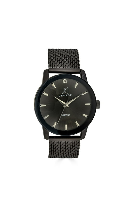 Men's 41mm Gunmetal Tone Mettalized Domed Glass Genuine Diamond Adjustable Mesh Watch