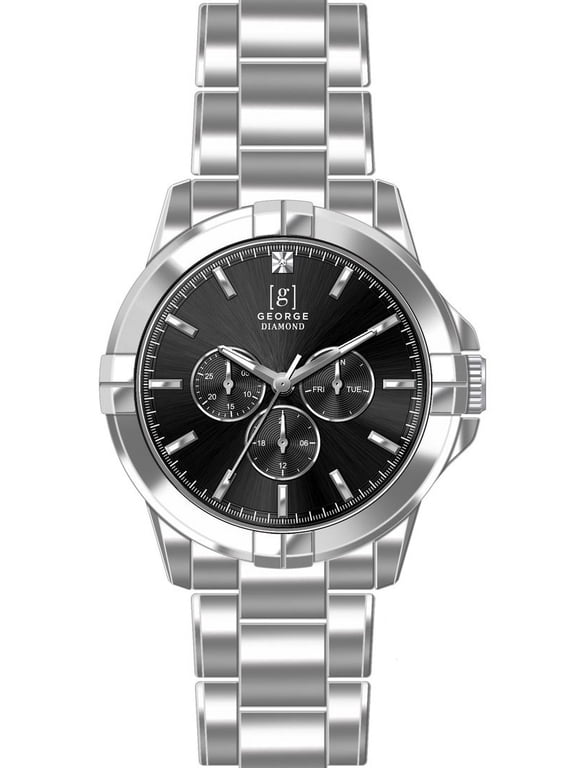 Men's 41mm Silver Tone Black Dial Genuine Diamond Bracelet Watch