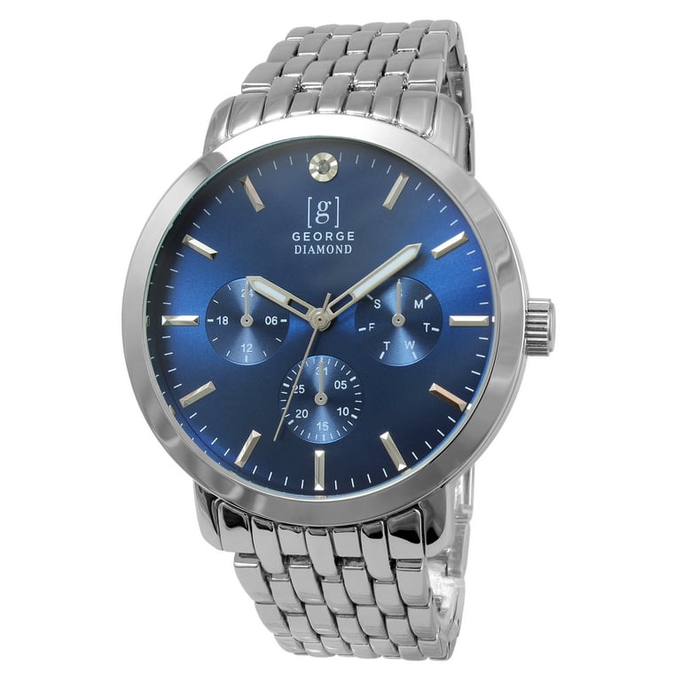 George Men s 41mm Silver Tone Blue Dial Genuine Diamond Bracelet Watch Walmart