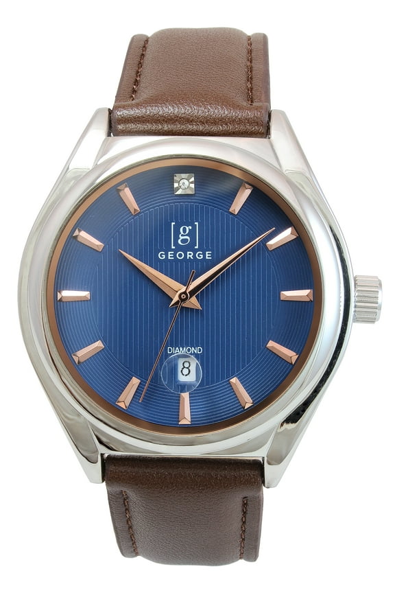 Men's 41mm Silver Tone Blue Dial Genuine Diamond Brown Strap Watch