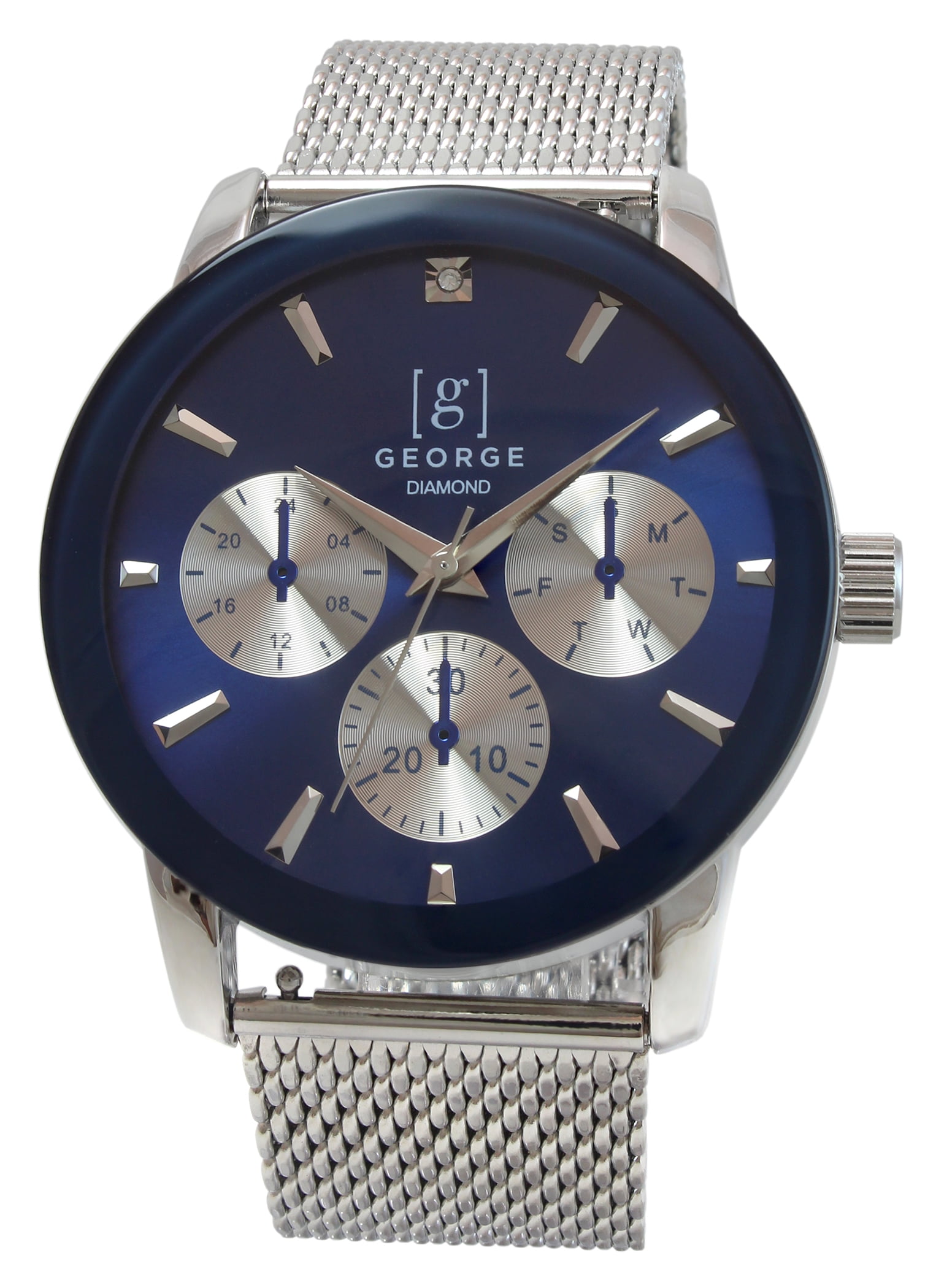 George Men's 41mm Silver Tone Mettalized Glass Bezel Genuine Diamond ...