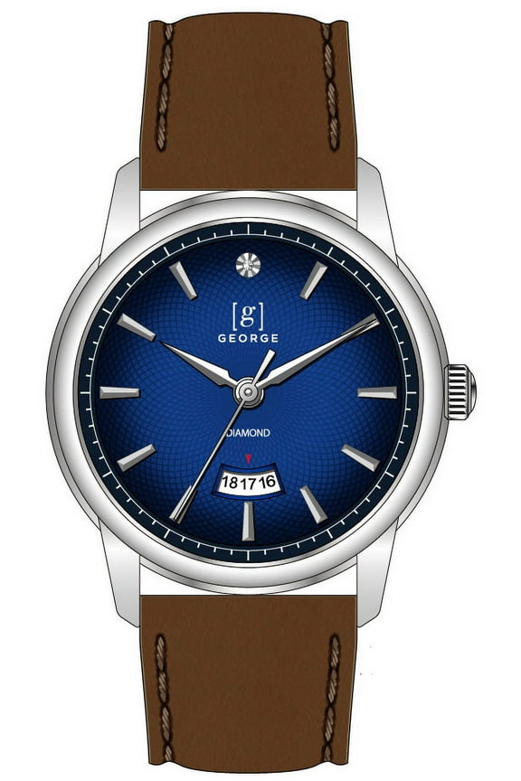 Men's 41mm Silver Tone Textured Blue Dial Genuine Diamond Strap Watch