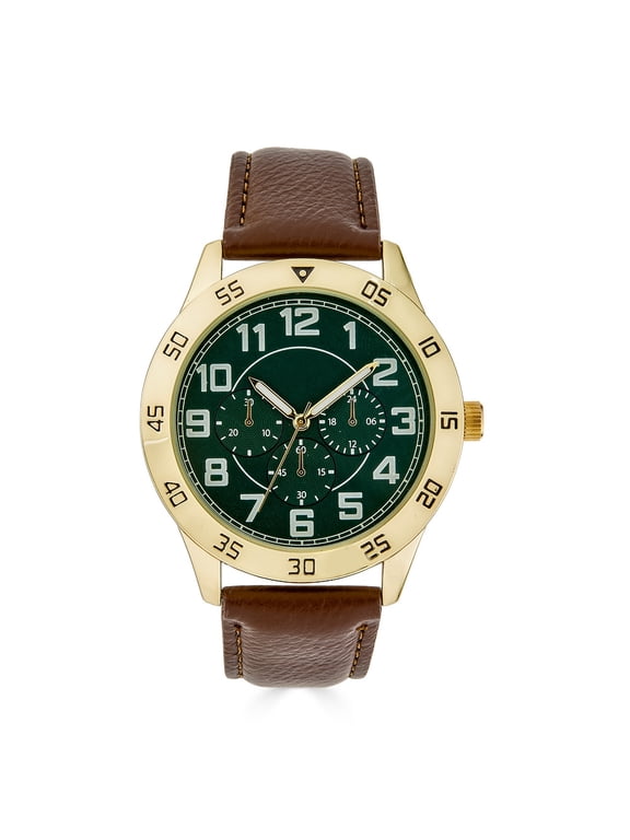 Men's 44mm Gold Tone Green Dial Easy Read Brown Strap Watch