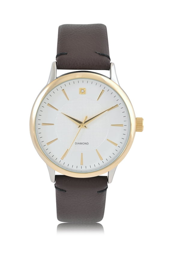 Men's Analgog Watch with Two-Tone Round Case, Genuine Diamond Dial and PU Brown Strap. 44MM