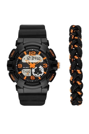 Men's Analog-Digital Watch Set: Black Round Case, Positive Display, Plastic Band, Black/Orange Double Woven Bracelet (FMDXGE037)