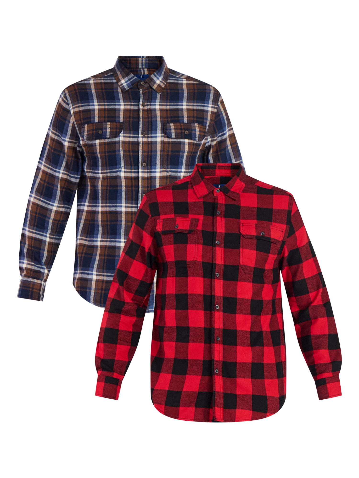 George Men's and Big Men's Double Pocket Flannel Shirt, 2 Pack